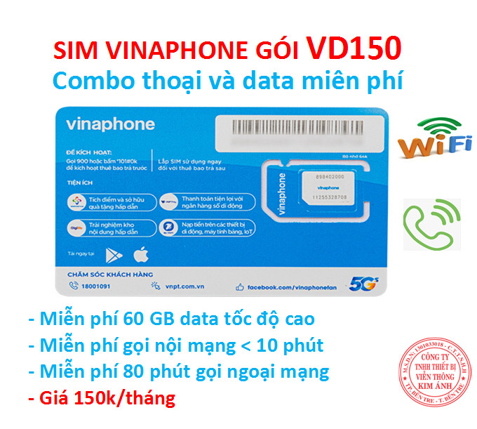 Sim nghe gọi 4G Vinaphone gói VD150 ưu đãi 60GB + miễn phí gọi chỉ 150k/ tháng, Hàng chính hãng