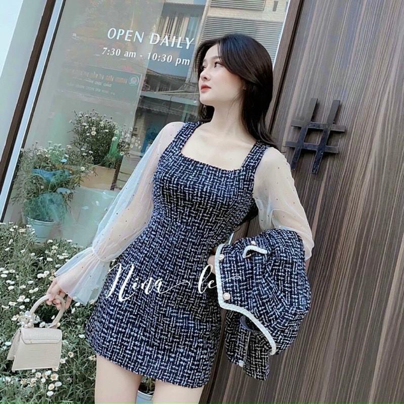 Set ulzzang áo khoác dạ bố viền trắng + đầm bố tay voan 2 lớp có lót trong dày dặn mềm mịn sang trọng