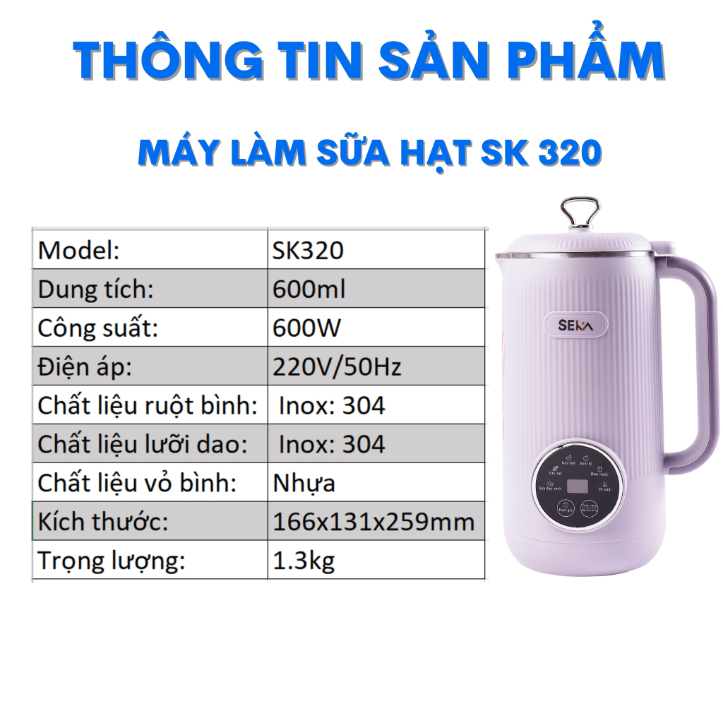 Máy Làm Sữa Hạt SEKA SK320, 5 Chức Năng, Dung Tích 600ml chống trào, xay siêu nhuyễn mịn các loại hạt - hàng chính hãng