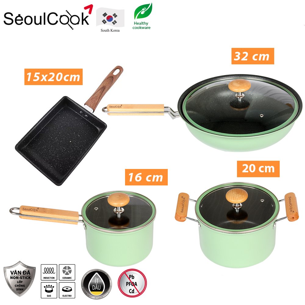 Bộ nồi chảo SL1 4 món quánh 16cm + nồi 20cm + chảo sâu lòng 32cm + chảo vuông 15x20cm đáy từ/ Induction Seoulcook Hàn Quốc, dùng được tất cả các loại bếp – Hàng chính hãng