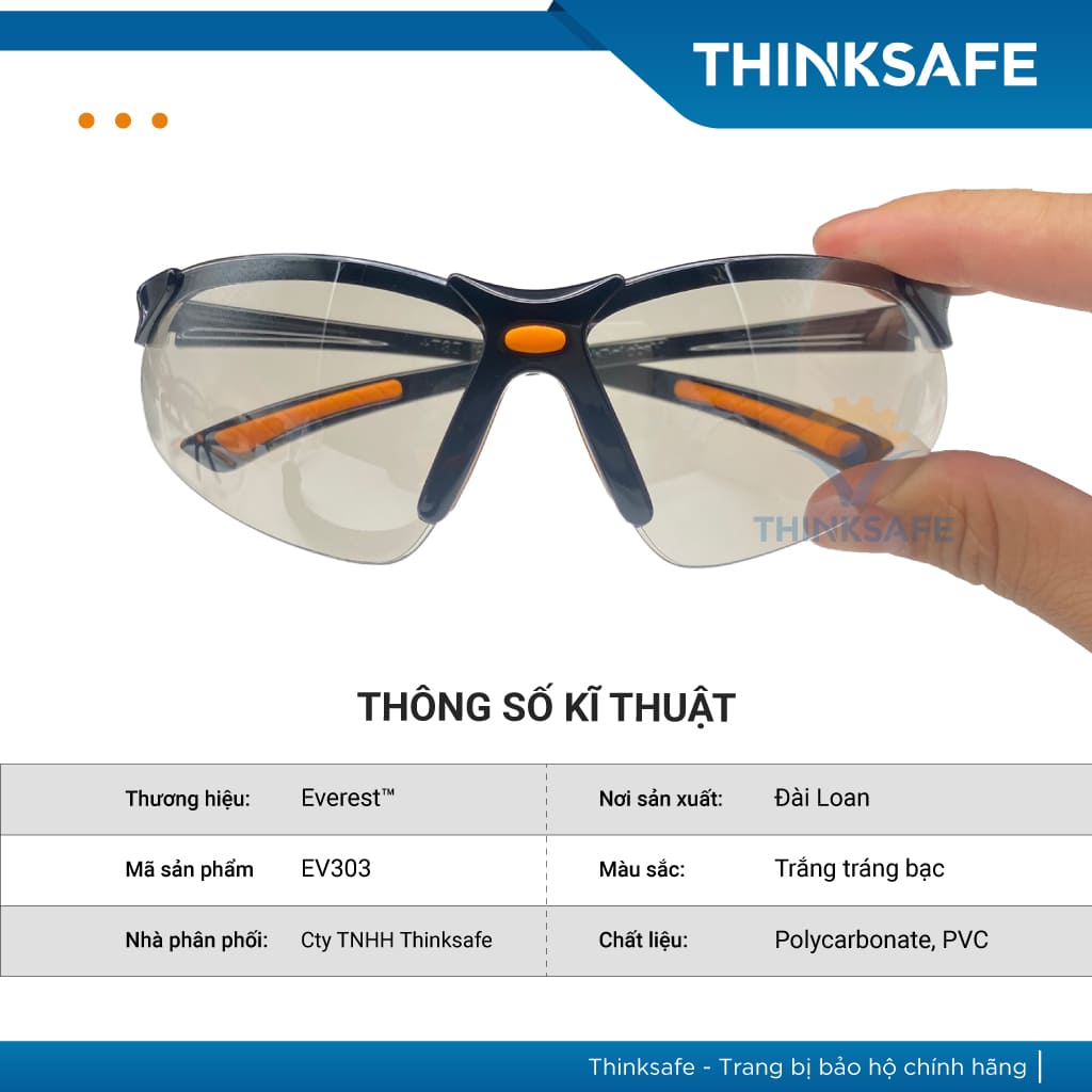 Mắt kính bảo hộ lao động Everest Thinksafe, Kính bảo vệ mắt trong suốt, chống bụi, chống tia UV, dùng đi đường - EV303
