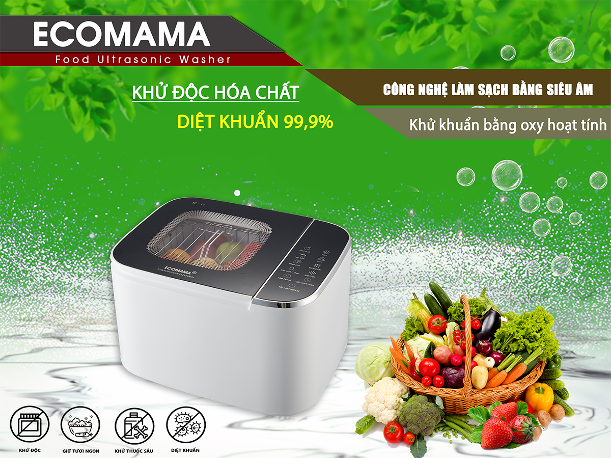 Máy rửa thực phẩm đa năng siêu âm Ecomama, tiệt trùng, khủ độc hoa quả, thịt cá, tiệt trùng bình sữa