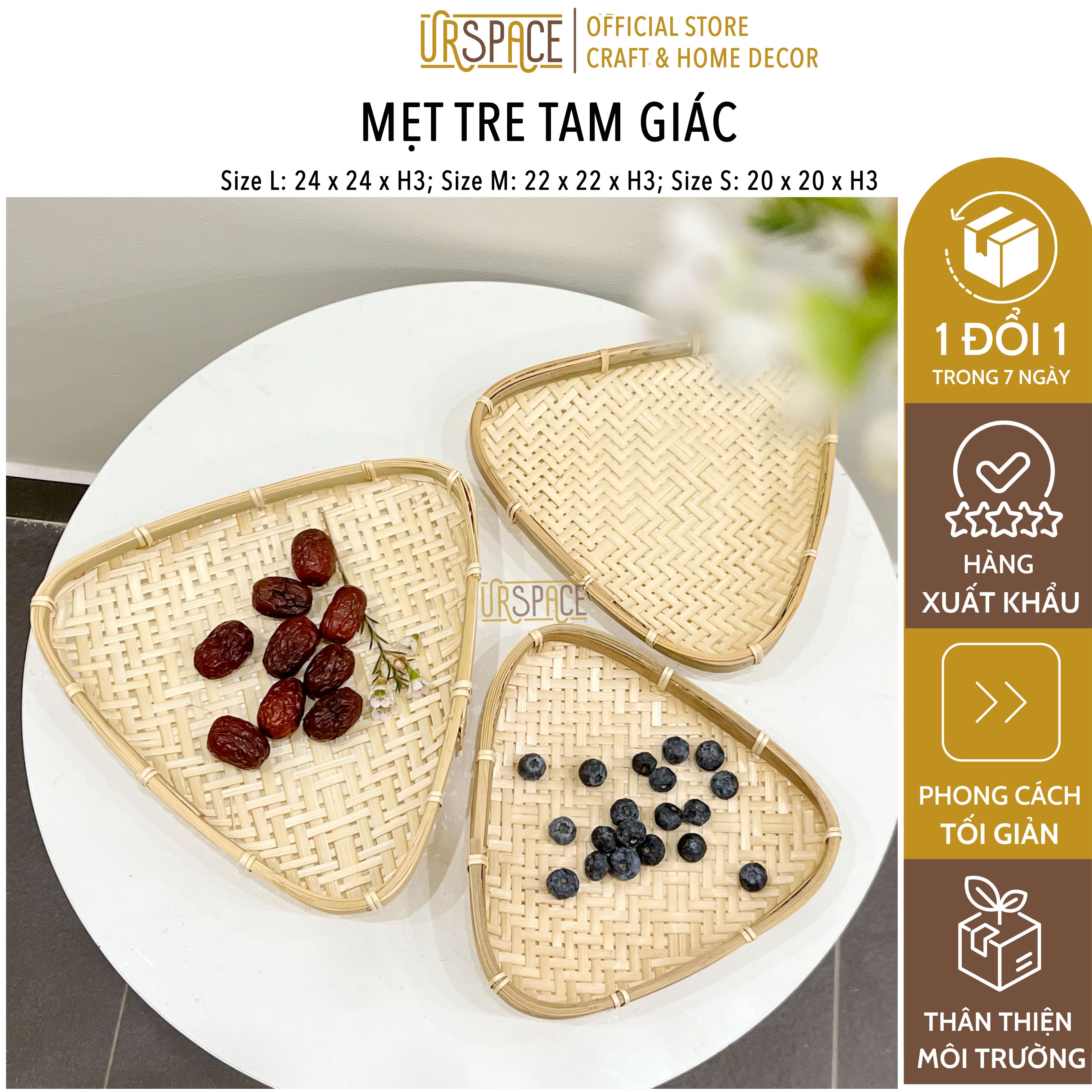 Mẹt Tre Đựng Bánh Mứt URSPACE Trang Trí Decor Tết Hình Tam Giác/ BAMBOO TRAY - Combo M&amp;S