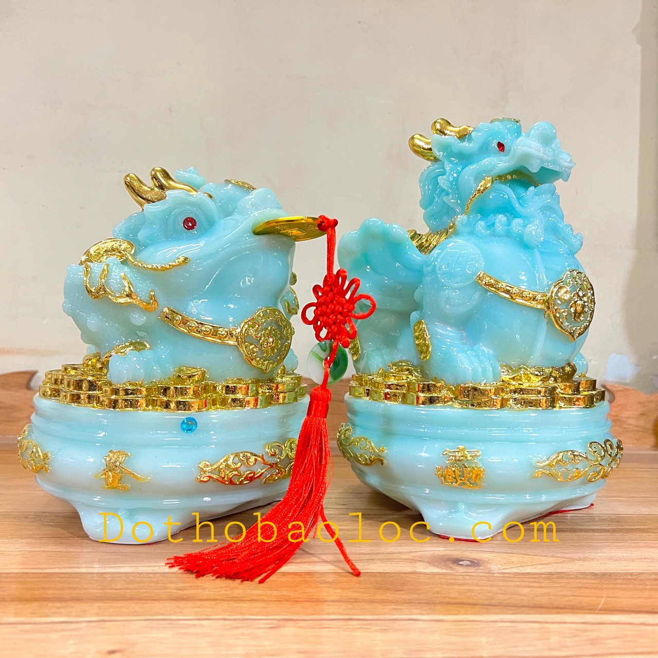 Com bo Tượng Tỳ Hưu phong thủy và tượng thiềm thừ phong thủy để bàn thờ thần tài – Màu xanh cỡ lớn