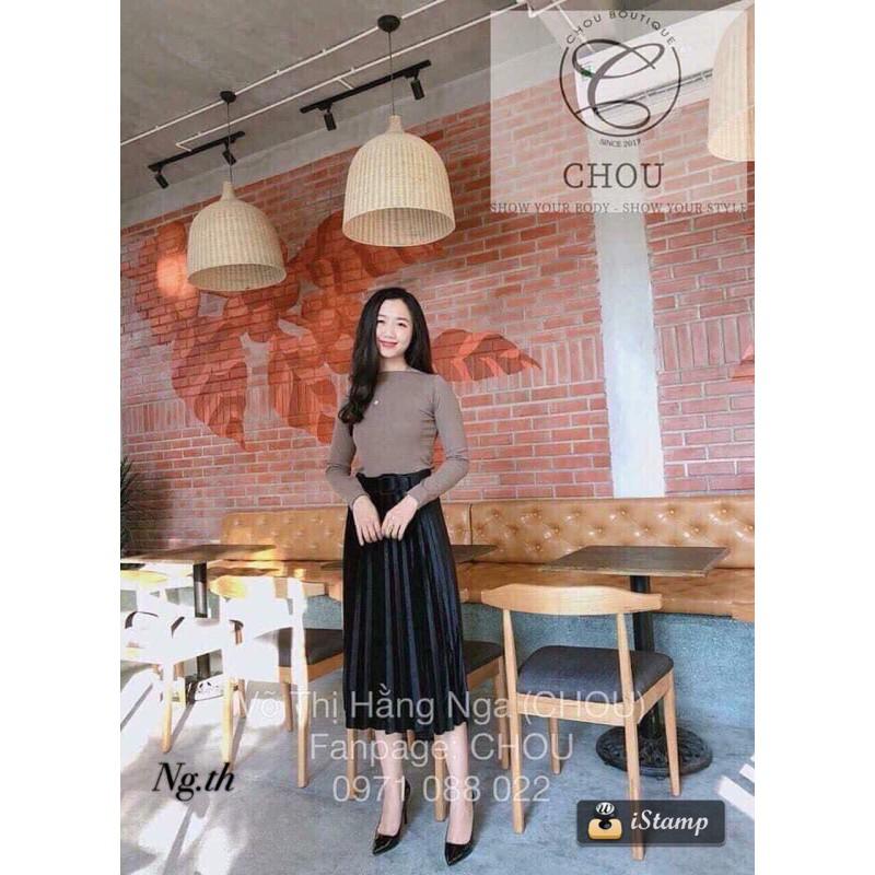 Chân váy xếp li nhung kèm đai