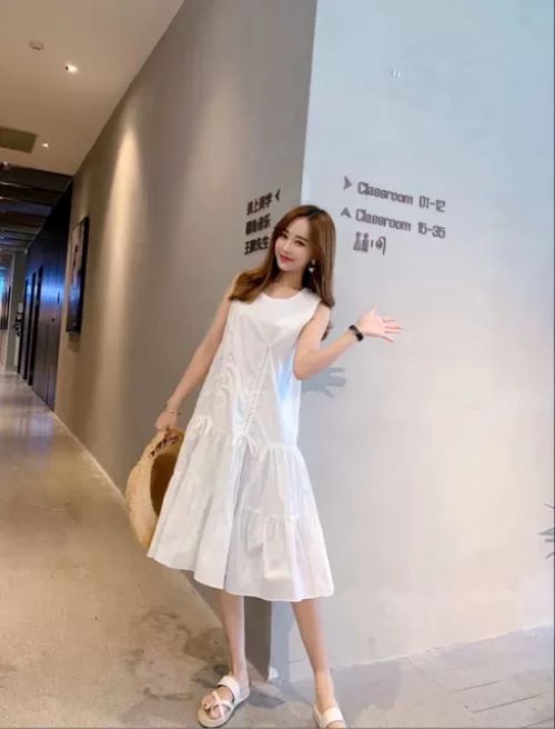Đầm nữ dáng suông dài màu trắng cổ tròn vải kate cao cấp phong cách ttrẻ trung Haint Boutique Da213
