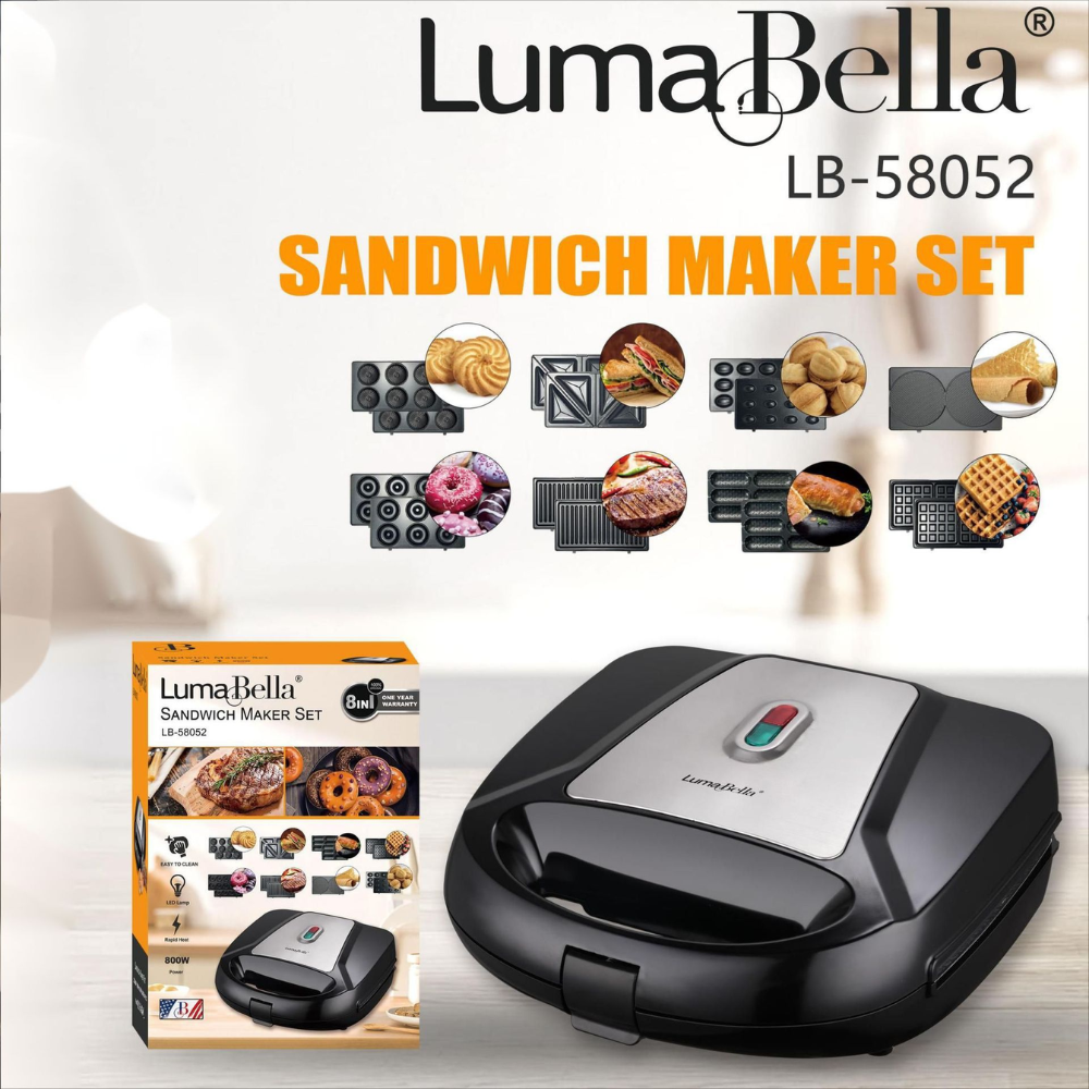 Máy nướng, kẹp bánh mì đa năng 8IN1 Lumabella LB-58052 công suất 800W, khay nướng chống dính tháo rời, dễ dùng, dễ vệ sinh - DELIYA - HÀNG CHÍNH HÃNG