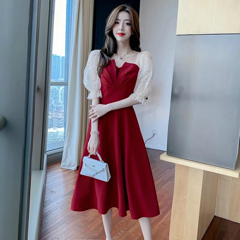 Gunkaymatter Đầm Nữ Dạ Hội Phong Cách Tiểu Thư Xếp Ly Ngực Tay Phối Lưới Có Mút Ngực Phù Hợp Mọi Phòng Cách