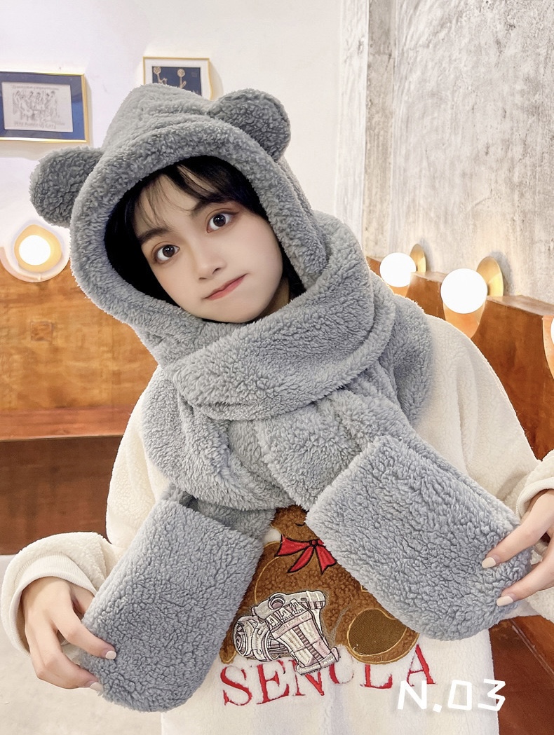 Mũ khăn quàng cổ mũ lông gấu có găng tay thời trang siêu dễ thương giữ ấm dành cho nữ