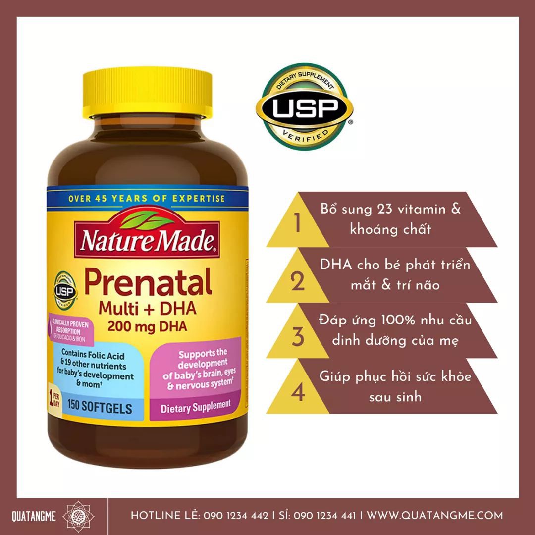 Vitamin tổng hợp cho bà bầu Nature Made Prenatal Acid Folic + DHA hộp 150 viên Massel Official