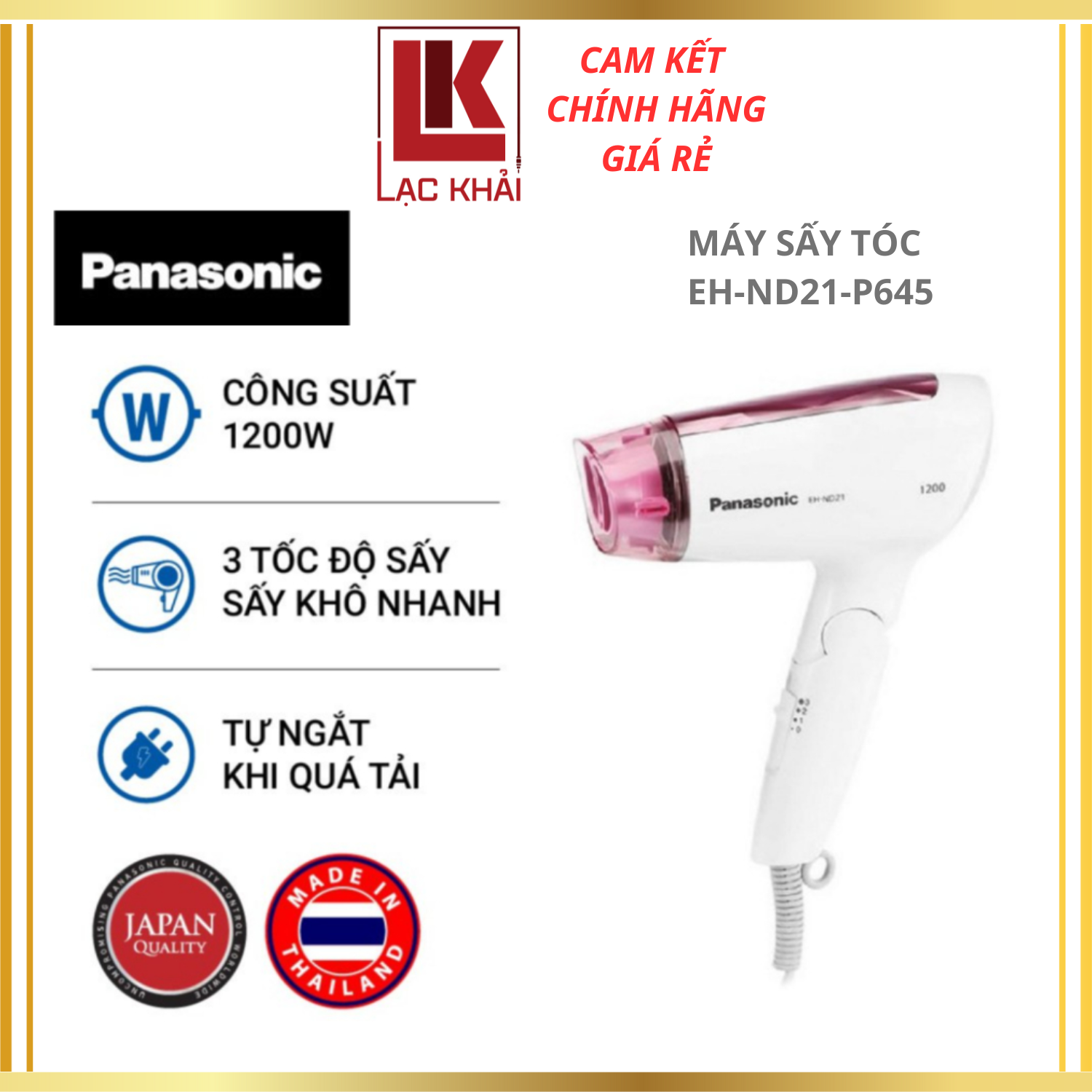 Máy Sấy Tóc Panasonic EH-ND21-P645 - Công suất 1200W - Hàng chính hãng - Bảo Hành Chính Hãng 12 tháng, Chất lượng Nhật Bản