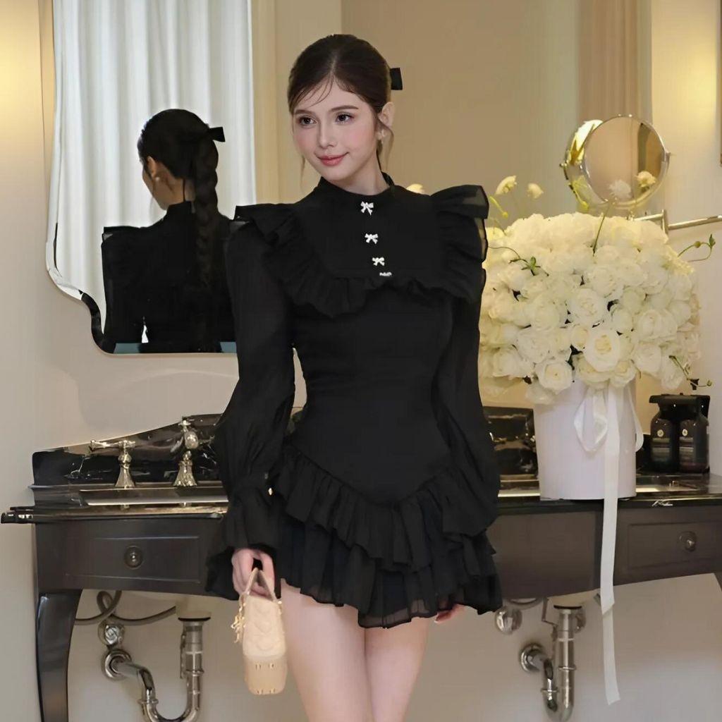 Váy tay bồng cổ tròn đính nơ đi chơi đi tiệc đầm thiết kế xếp tầng sang chảnh HN Clothing V292 BY JOLIE - Kem