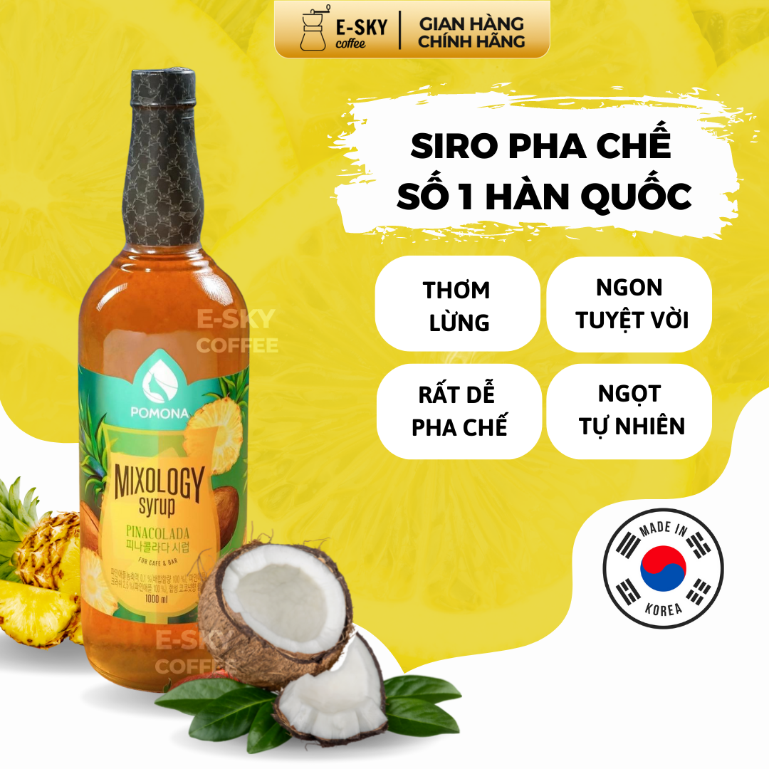 Siro Dừa Dứa Pomona Pinacolada Syrup Nguyên Liệu Pha Chế Hàn Quốc Chai Thủy Tinh 1 Lít