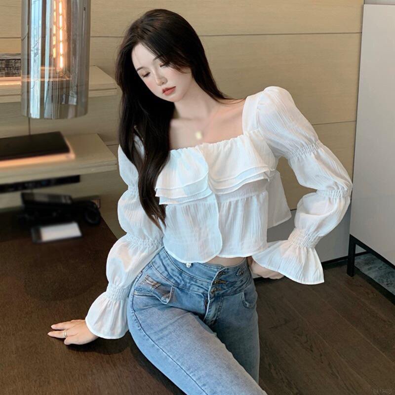 Áo thời trang nữ dáng ngắn nhún bèo dài tay