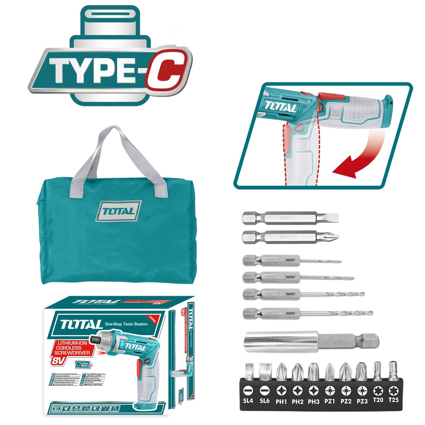 Bộ máy bắt vít dùng pin 8V 6Nm kèm 17 chi tiết vít TOTAL TSDLI0802 - Có hộp, sạc Type C, vặn vít, siết vít, pin dung lượng cao, có đèn LED, có đảo chiều
