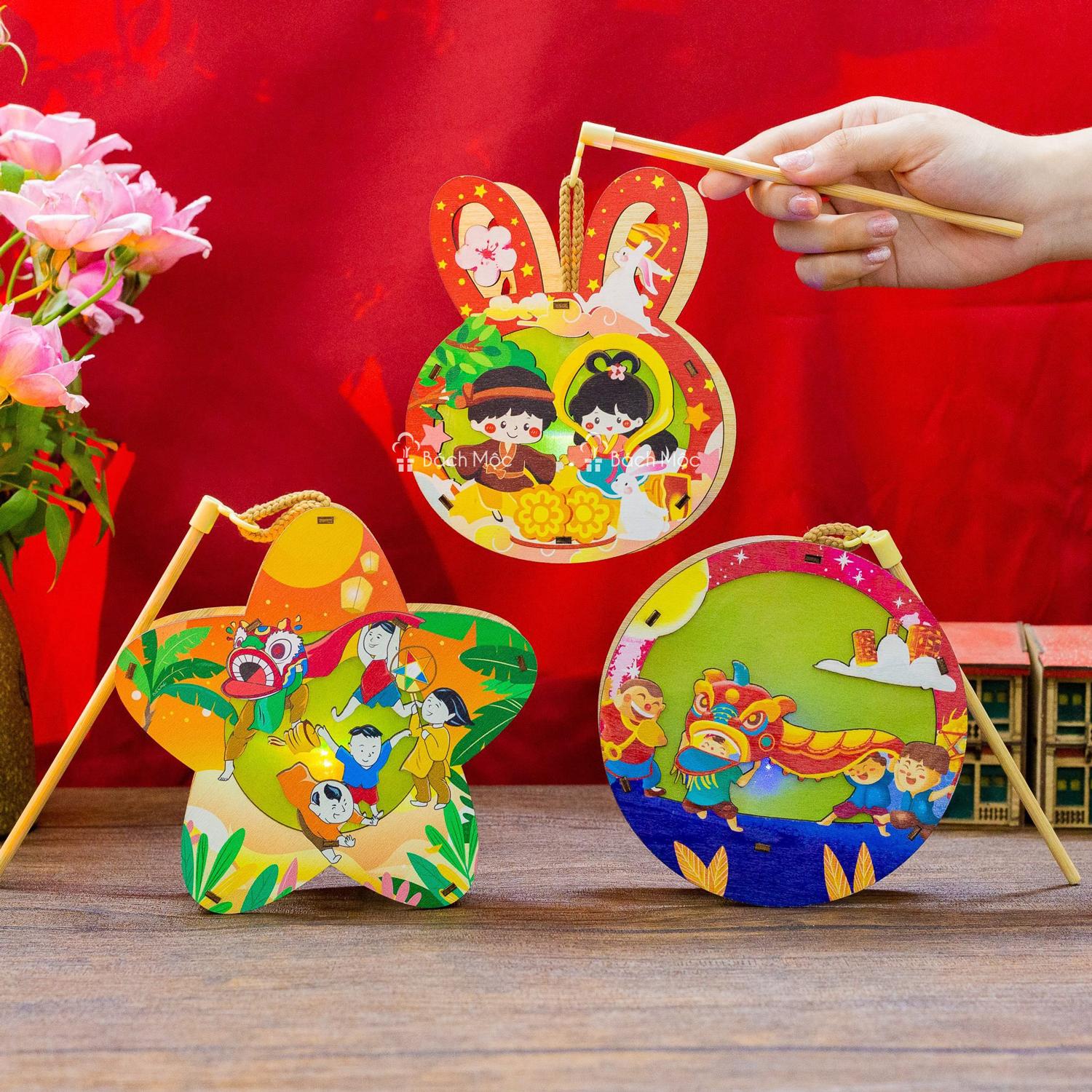 Lồng Đèn Trung Thu Gỗ 2 Mặt Màu - Bách Mộc - Lân Sao
