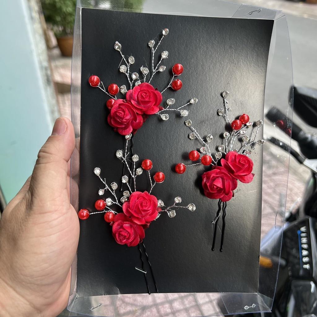 Bộ 3 trâm hoa hồng đỏ đính đá cài tóc cô dâu hoa to Giangpkc