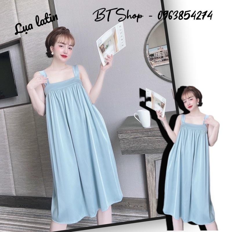 Đầm váy ngủ mặc nhà lụa latin trơn xoè freesize 42-57kg