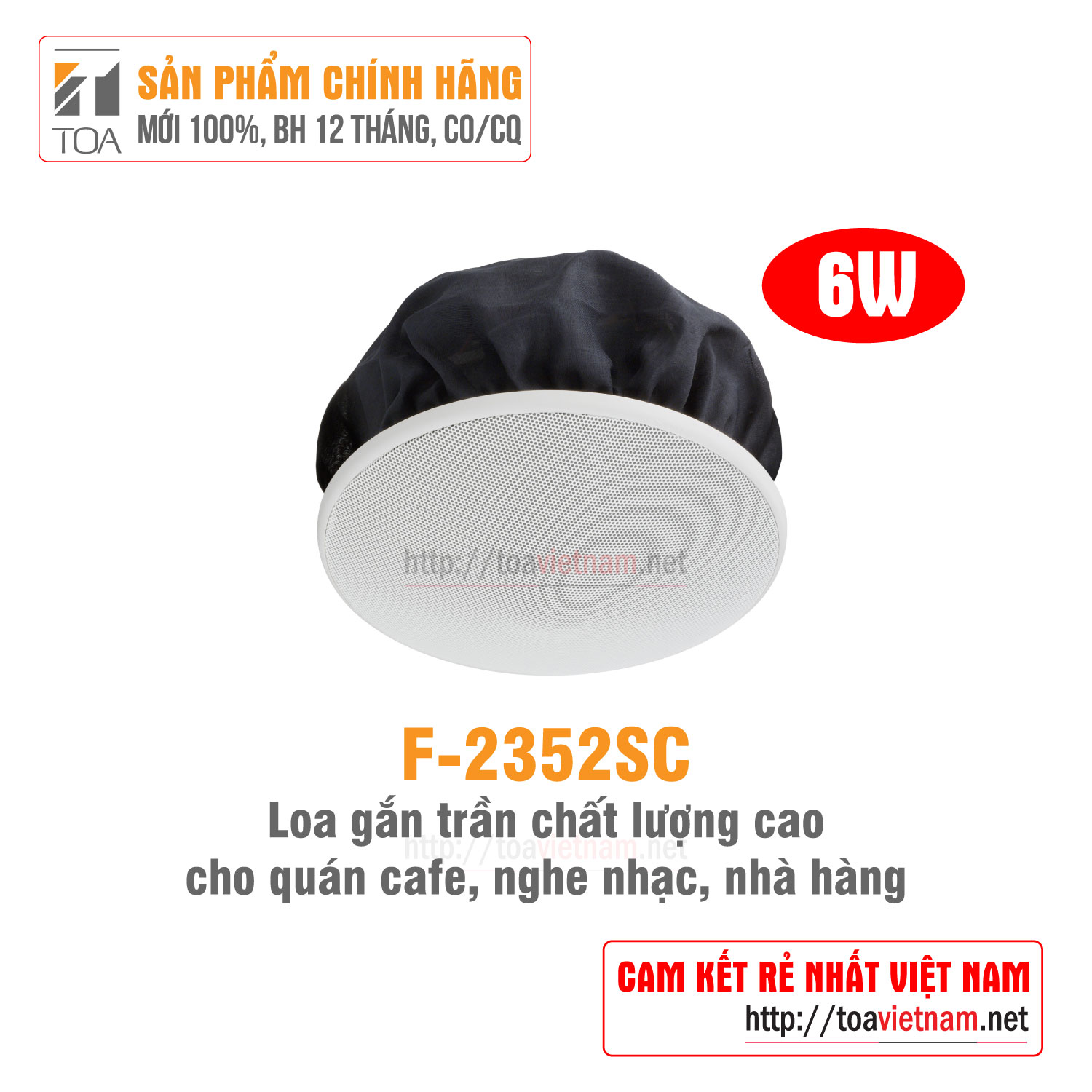 Loa gắn trần chất lượng cao 6W cho quán cafe, nhà hàng, nghe nhạc TOA F-2352SC - Hàng chính hãng