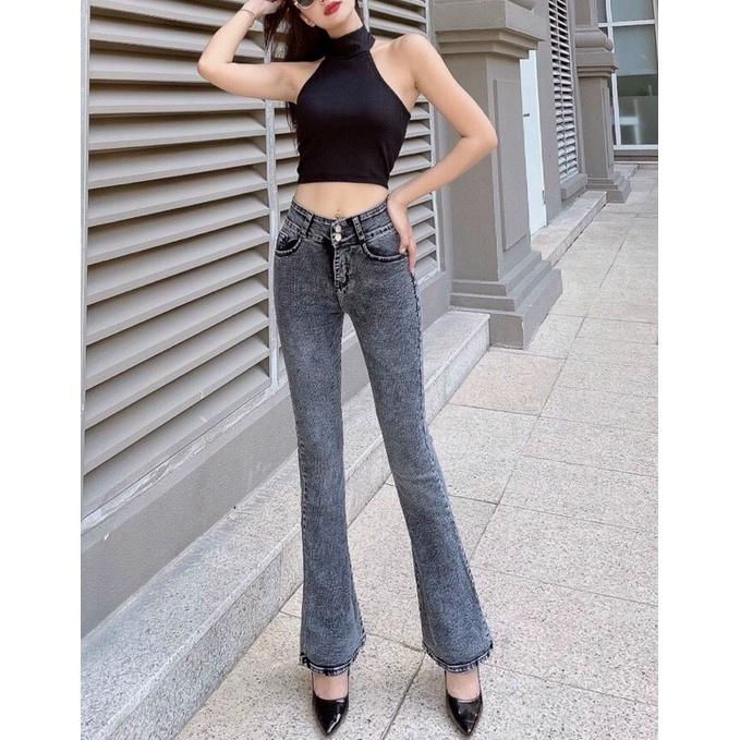 Quần Jeans Nữ Ống Loe Dài Lưng Cao Co Giãn Màu Xám