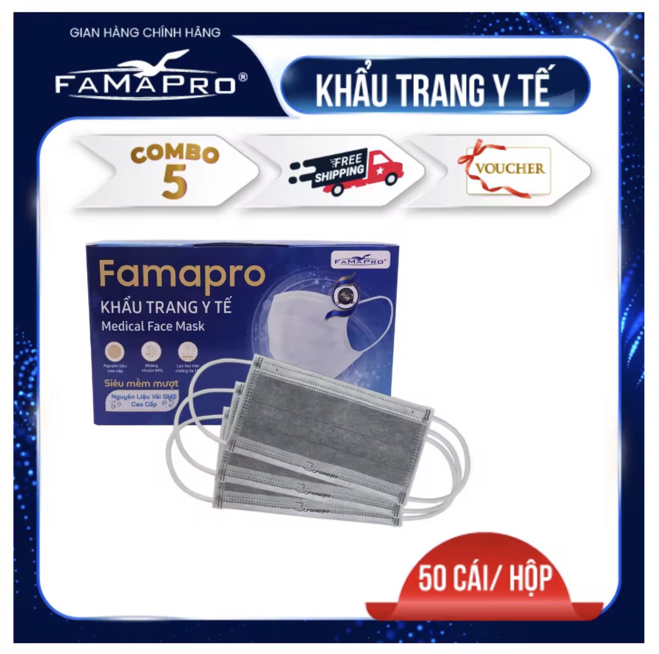 FAMAPRO – HỘP 50 CÁI Khẩu trang y tế kháng khuẩn Famapro – 5 HỘP XÁM