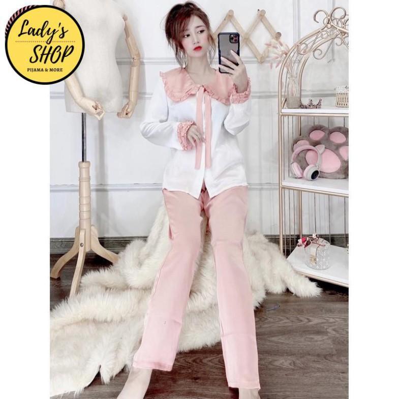 Freeship Bộ lụa Pijama - Bộ Lụa Tay Dài Tiểu Thư Cổ Phối Bèo Nơ