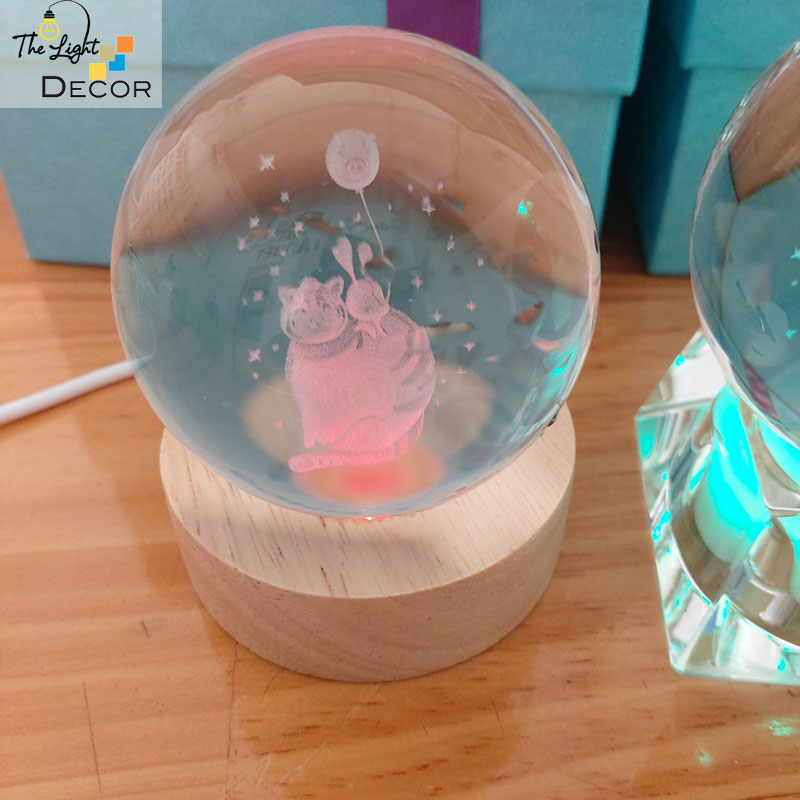 Bộ Quà Tặng Quả Cầu Pha Lê 3D larser LED Mèo Trăng (tặng đế đèn + hộp quà)