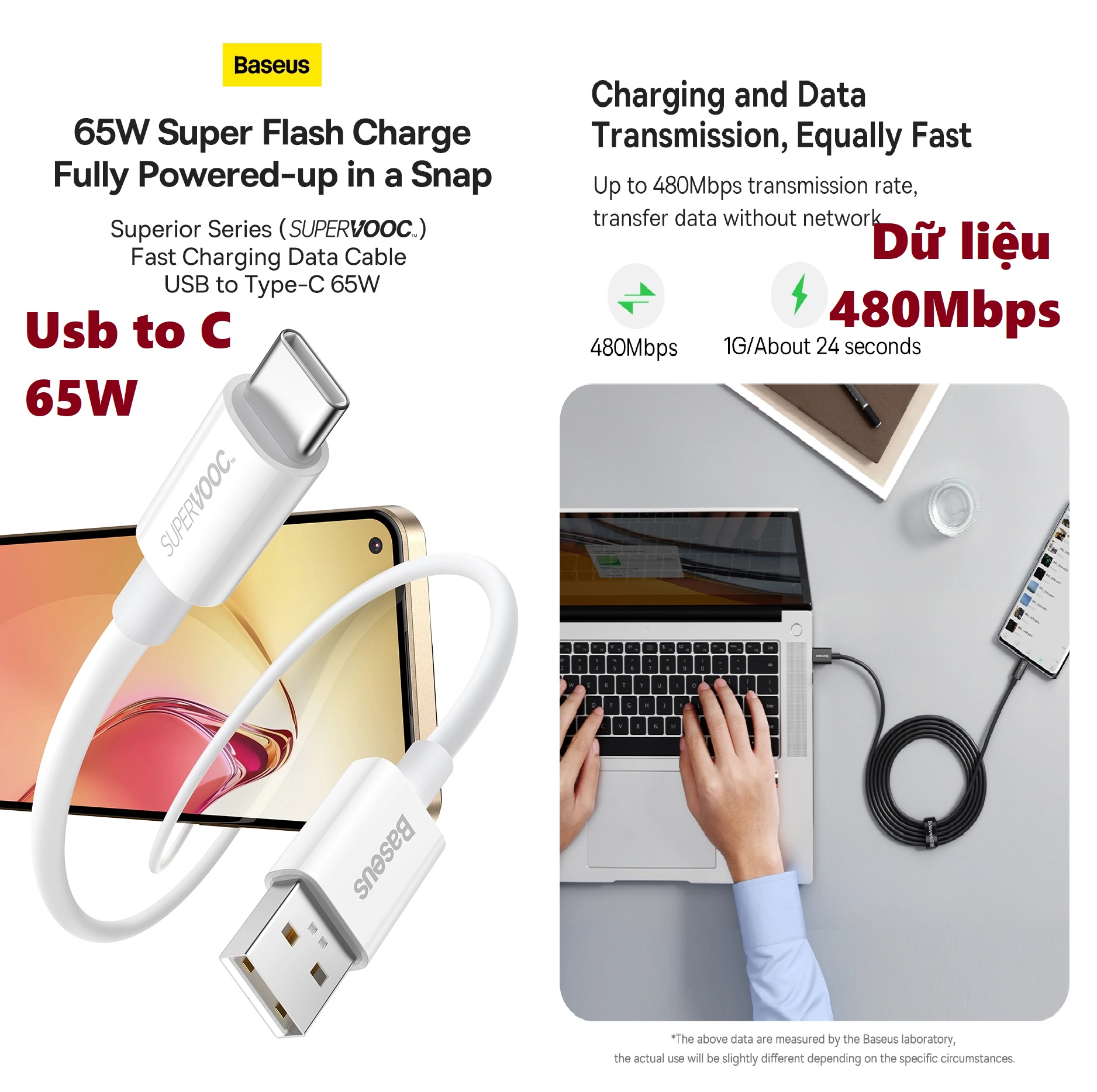 Dây cáp sạc nhanh SUPER VOOC Usb to C 65W cho điện thoại Oppo Baseus Superior Series CB000017_ Hàng chính hãng