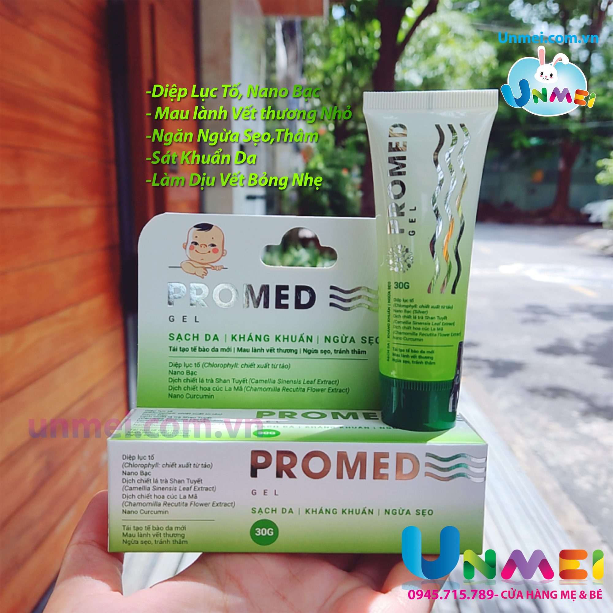 Gel Diệp Lục Tố Promed, Giúp Mau Lành Vết Thương, Ngăn Ngừa Sẹo,Thâm Da Sát Khuẩn Bảo Vệ Da, Làm Dịu Vết Bỏng Tuýp 30g sử dụng An Toàn cho Bé-Tặng 01 Khăn Sữa thương hiệu Unmei