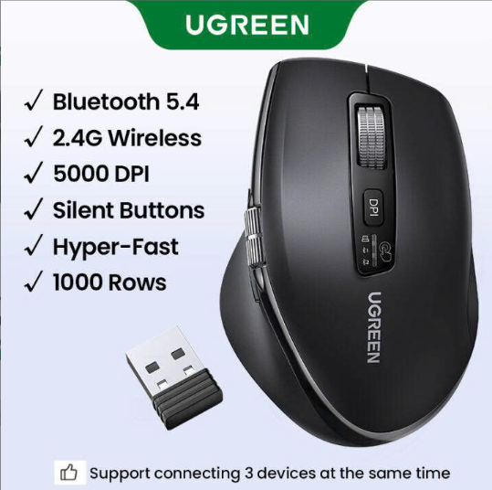 Chuột không dây Ugreen 45792 Bluetooth 5.4 &amp; Wireless 2.4GHz 5000DPI 5 cấp độ - Hàng chính hãng