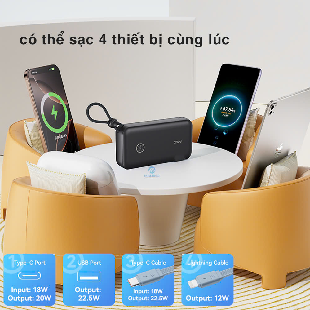Pin sạc dự phòng ROCKSPACE Y30 10000mah sạc nhanh 22,5W tích hợp củ sạc, hàng chính hãng bảo hành 12 tháng