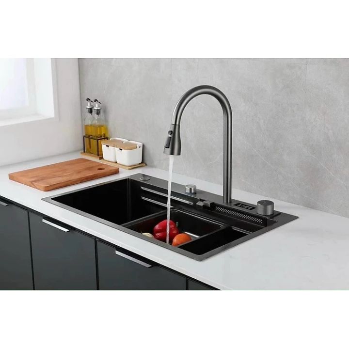Chậu rửa bát thác nước 1 hố kèm vòi đa chế độ dòng chảy nước kèm bộ phụ kiện inox 304 cao cấp