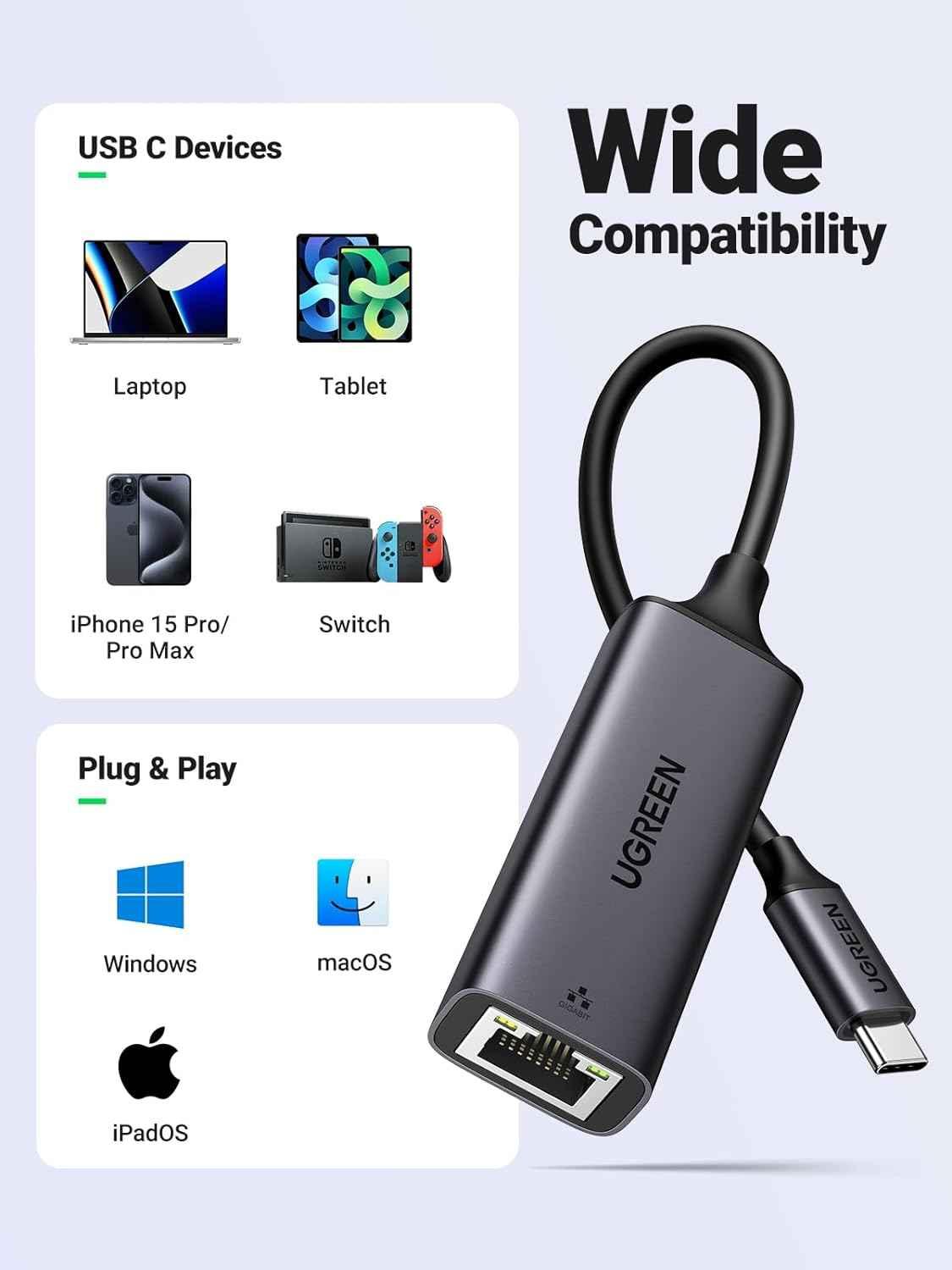 Ugreen UG15727CM199TK USB Type C sang Lan Gigabit 10/100/1000M Bộ chuyển đổi usb-c rj45 chất liệu nhôm màu đen - HÀNG CHÍNH HÃNG