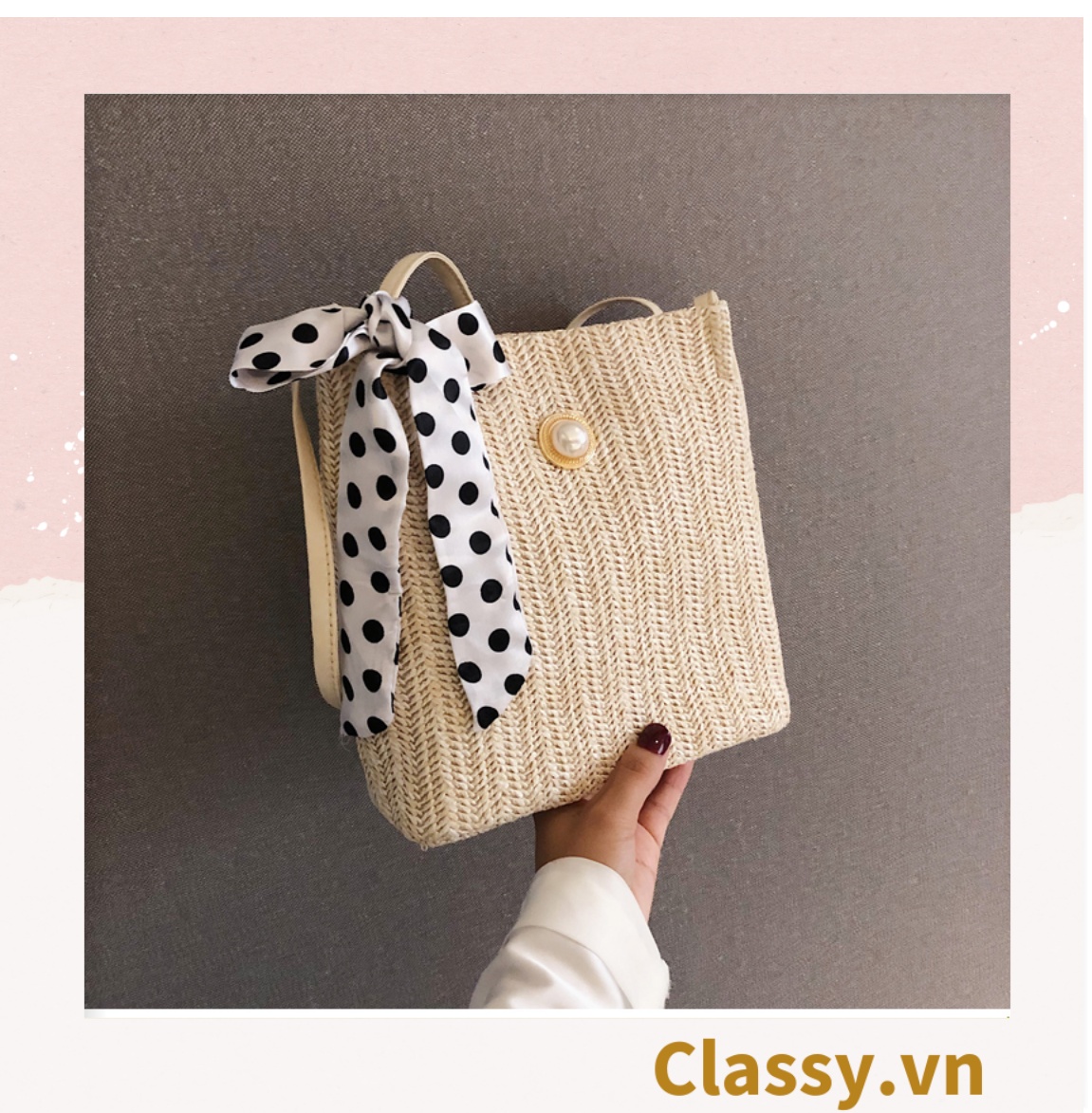 Túi cói đeo vai tối giản - Màu vàng nhạt - thích hợp đi biển, dạo phố T672