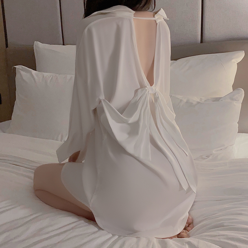 Váy áo sơ mi ngủ voan lụa màu trắng cao cấp VICKE SECVIA phối nơ sau lưng - chất liệu cao cấp mềm mịn 3287