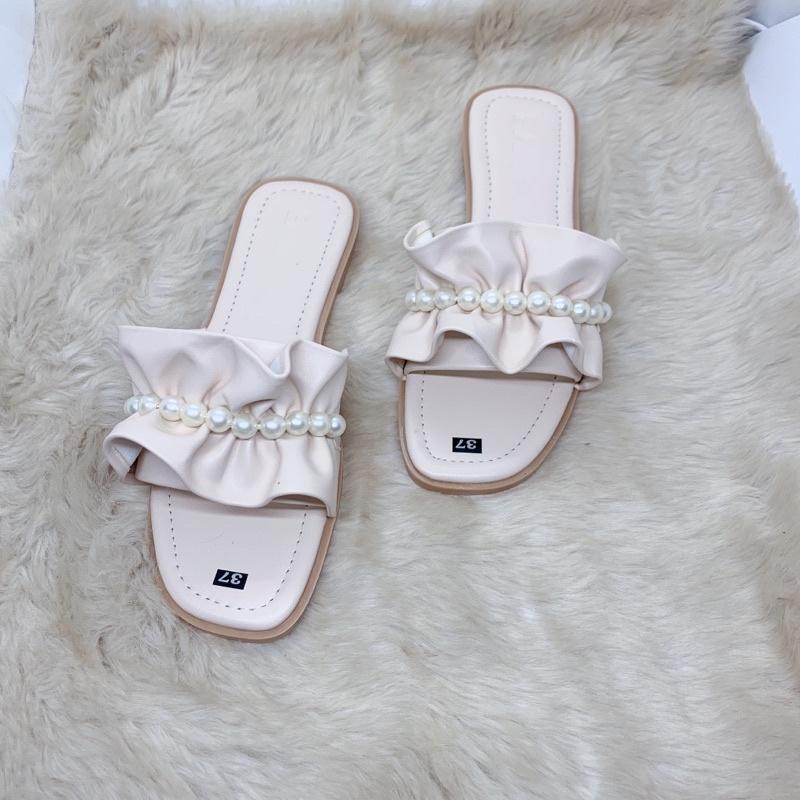Dép lê nữ quai ngang, dép thời trang nhún nơ bèo đính ngọc HAPU Shoes