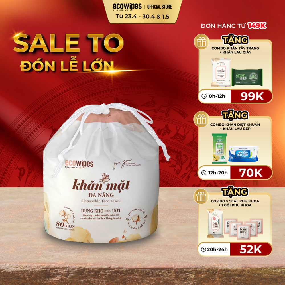 Khăn mặt khô đa năng Ecowipes cuộn 80 tờ size khăn 20x20cm dùng 1 lần lau khô lau ướt giấy lau mặt dùng một lần