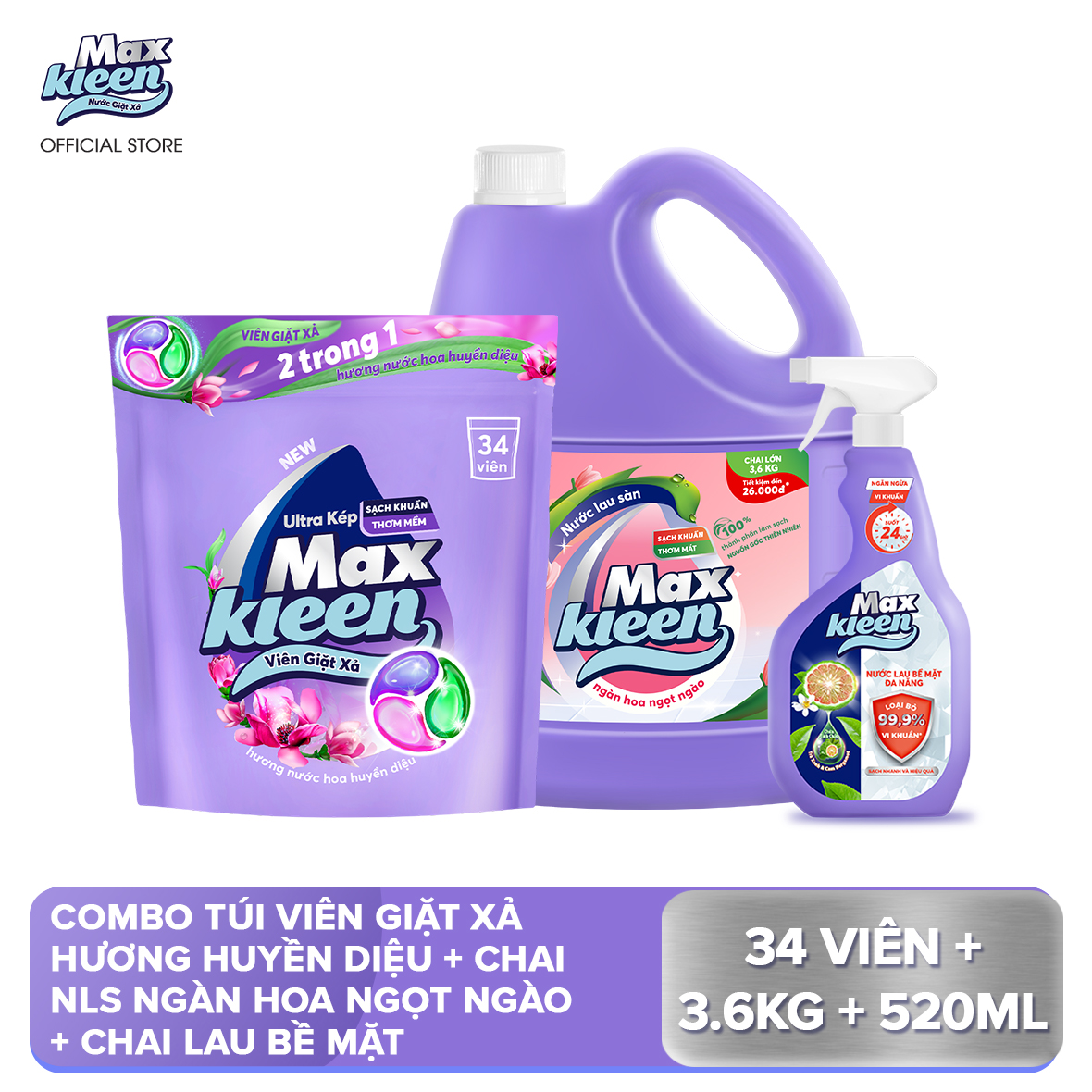 Combo Túi Viên Giặt Xả MaxKleen Hương Huyền Diệu + Chai Nước Lau Sàn 3.6kg Ngàn Hoa Ngọt Ngào + Chai Nước Lau Bề Mặt Đa Năng