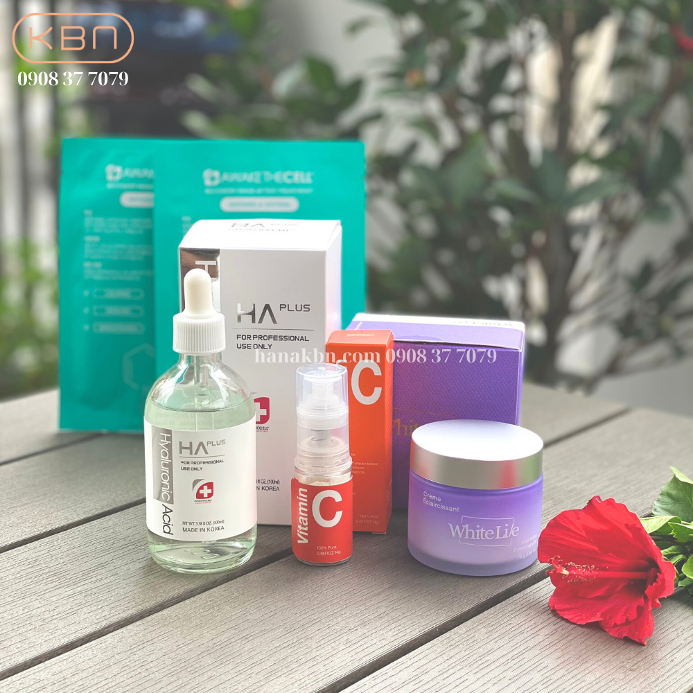 Combo 3 Sản Phẩm HA Plus 100ml + Vitamin C Bột + Kem Dưỡng White Lie, Tặng 2 Mặt Nạ Soothing