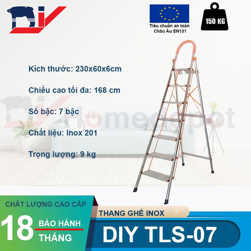 Thang ghế Inox 7 bậc DIY TLS-07 cao tối đa 168cm, tải trọng 150kg - Hàng chính hãng - Đạt tiêu chuẩn an toàn Châu Âu