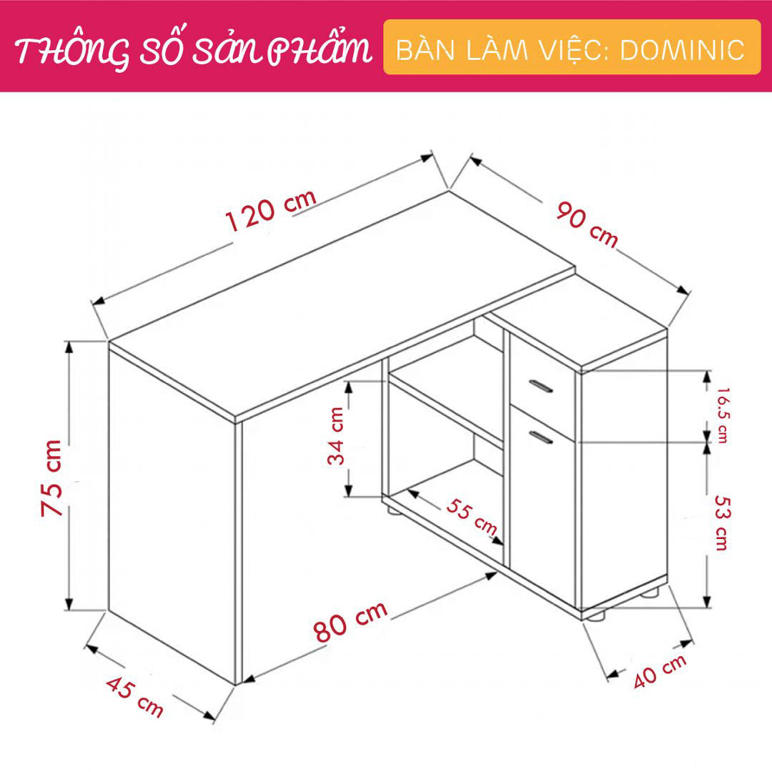 Bàn làm việc, bàn học gỗ hiện đại SMLIFE Dominic  | Gỗ MDF dày 17mm chống ẩm | D120xR90xC75cm