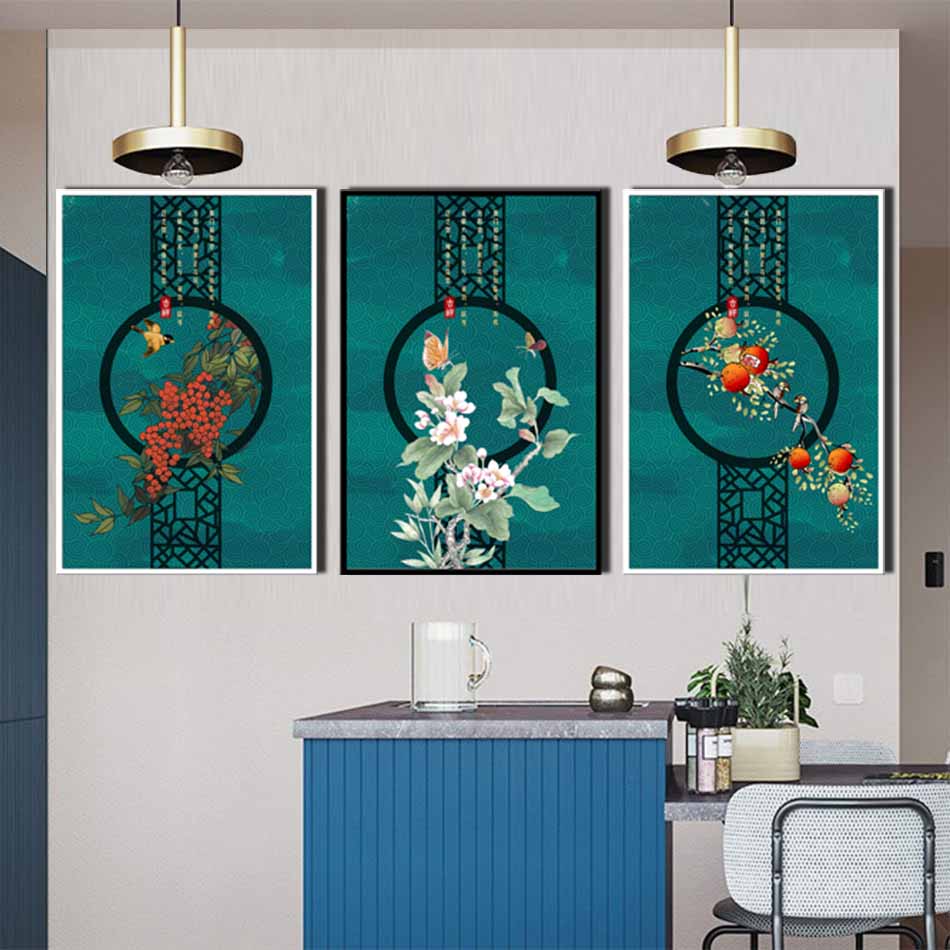 Bộ 3 tranh canvas treo tường Decor Họa tiết hoa lá cách điệu, phong cách tân cổ điển - DC028