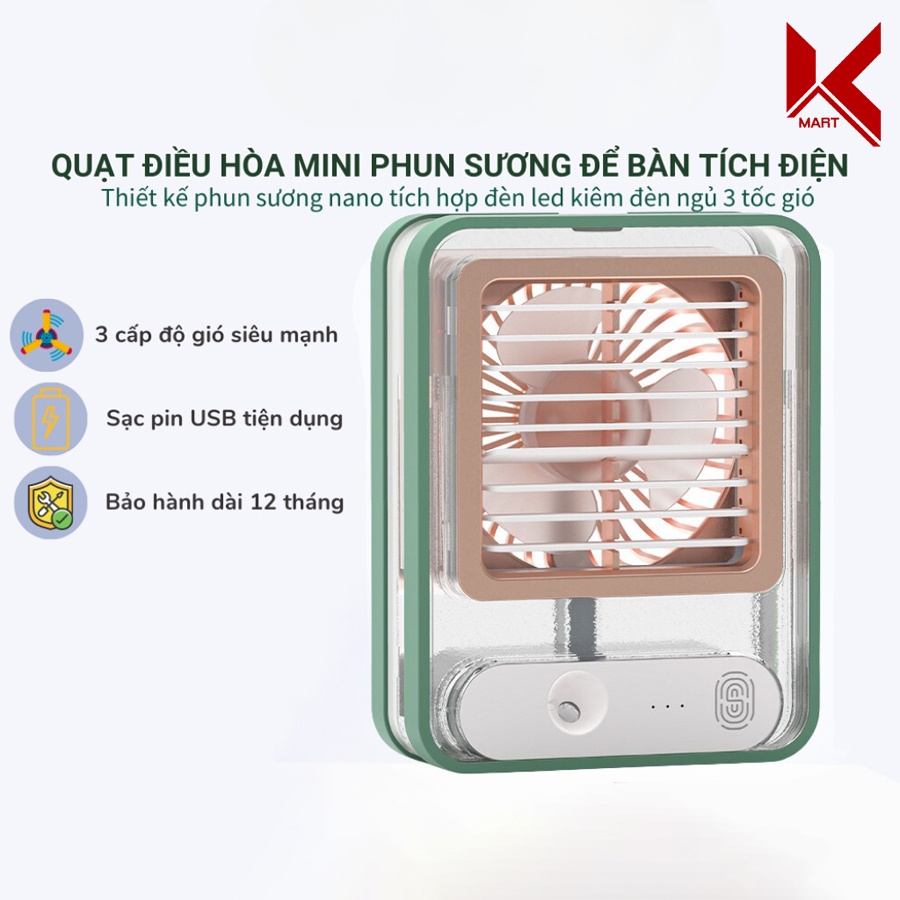 Quạt điều hòa mini trong suốt để bàn, có phun sương và 3 cấp độ gió, tích hợp đèn led - K-Mart