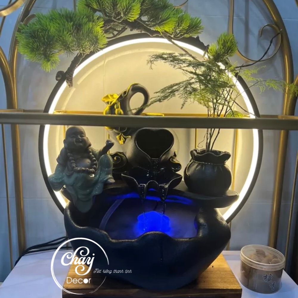 Thác Nước Phong Thủy, Đài Thưởng Trầm Phun Nước Di Lặc Thỏi Vàng Tài Lộc, May Mắn Kèm Đèn Led Cao Cấp Hàng Loại I