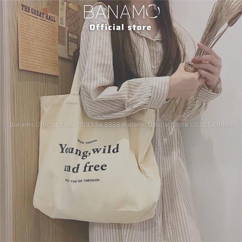 Túi vải tote canvas đeo vai phong cách Hàn quốc có khóa miệng ngăn phụ bên trong thời trang Banamo Fashion túi 01