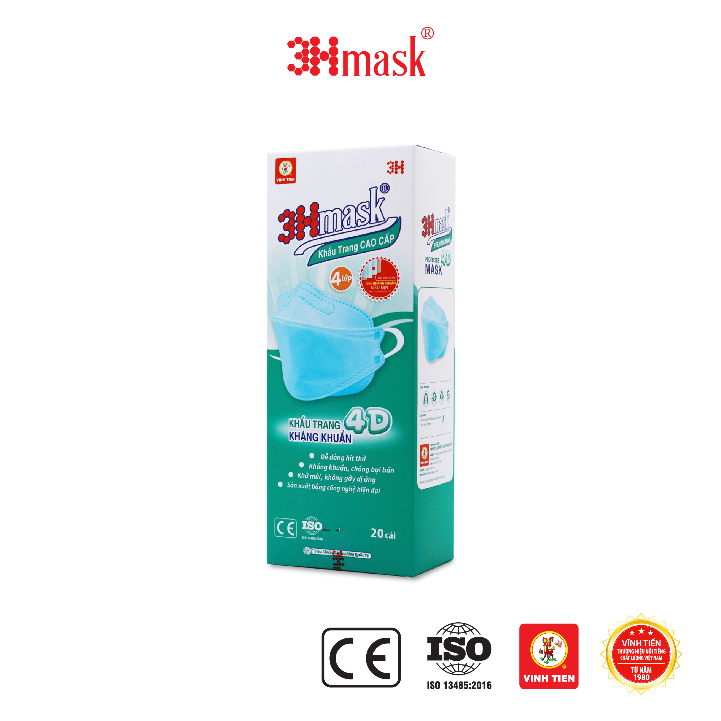 [Thùng 25 hộp] Khẩu Trang 3Hmask 4D Quai Bản (20 cái x 25 hộp