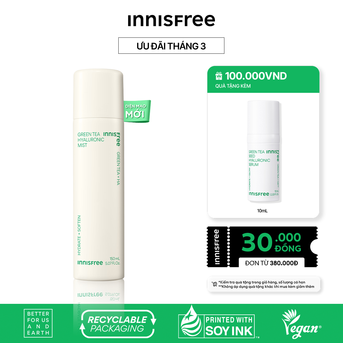 Xịt khoáng dưỡng ẩm trà xanh innisfree Green Tea Mist 150ml