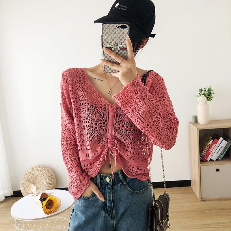 Áo khoác len lưới nữ dáng rộng tay dài kiểu cổ V dệt kim đi biển thời trang thiết kế Quảng Châu trẻ trung