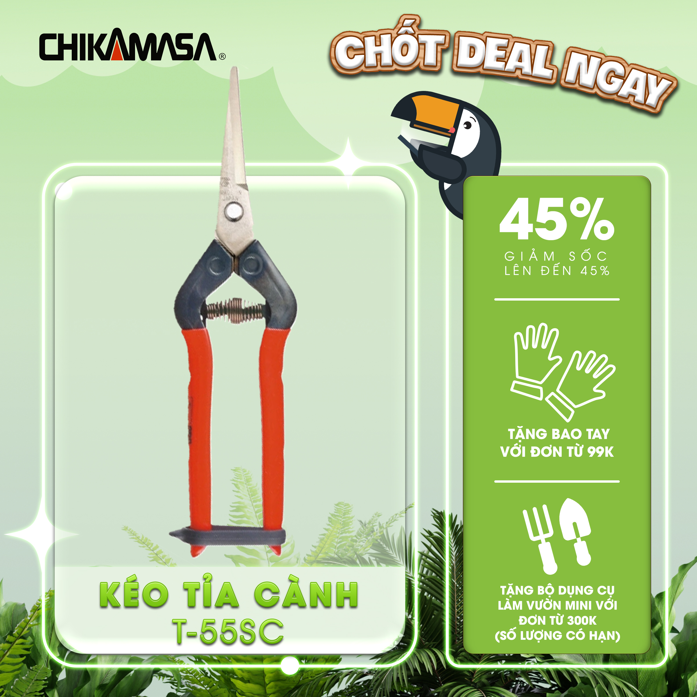 Kéo tỉa cành cao cấp Nhật Bản Chikamasa T-55SC chiều dài lưỡi 48mm - lưỡi thép không gỉ chất lượng cao siêu bén - Cắt ngọt, không bám dính, liền sẹo nhanh
