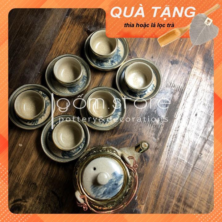 Ấm chén Bát Tràng men rạn giả cổ dáng vại bọc đồng, tặng kèm muỗng gỗ pha trà